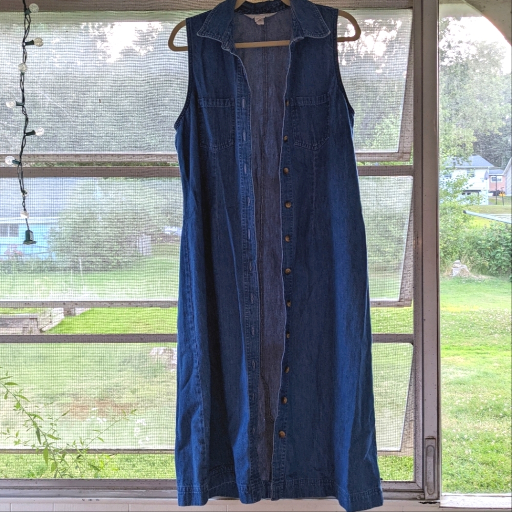 Vintage 90s Land's End Sleeveless Denim Shirtdress